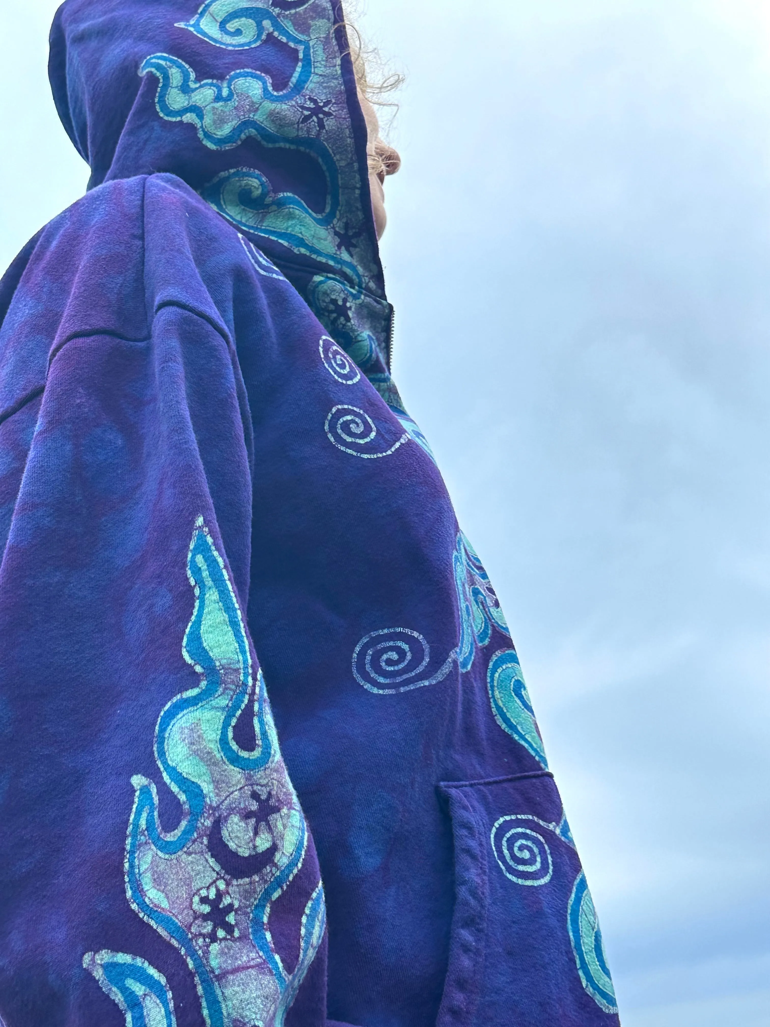 Blue Swirls-n- Waves Handcrafted Batik Zipper Hoodie - Unisex Size 2X