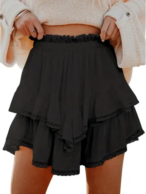 Boho Mini Skirts for Women Summer Flowy Elastic High Waist Tiered Ruffle Hem Skorts Casual Fashion Lace Beach Skirts
