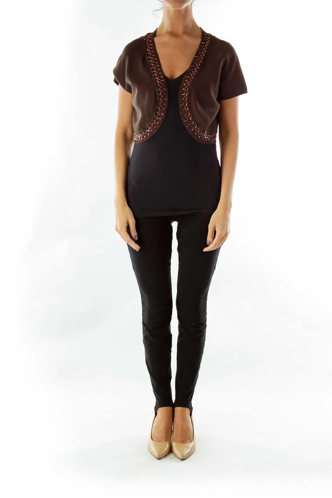 Brown Jeweled Cropped Fitted Jacket