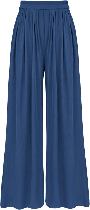 BTFBM Womens Casual Wide Leg Pants Summer Fall Clothes Pleated Elastic Waist Loose Palazzo Knit Trousers with Pockets