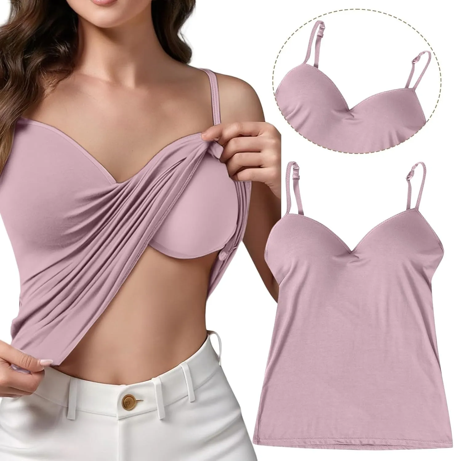 Built In Bra Camisoles for Women Spaghetti Strap V Neck Tank Tops Summer Workout Sexy Padded Basic Sleeveless Shirts