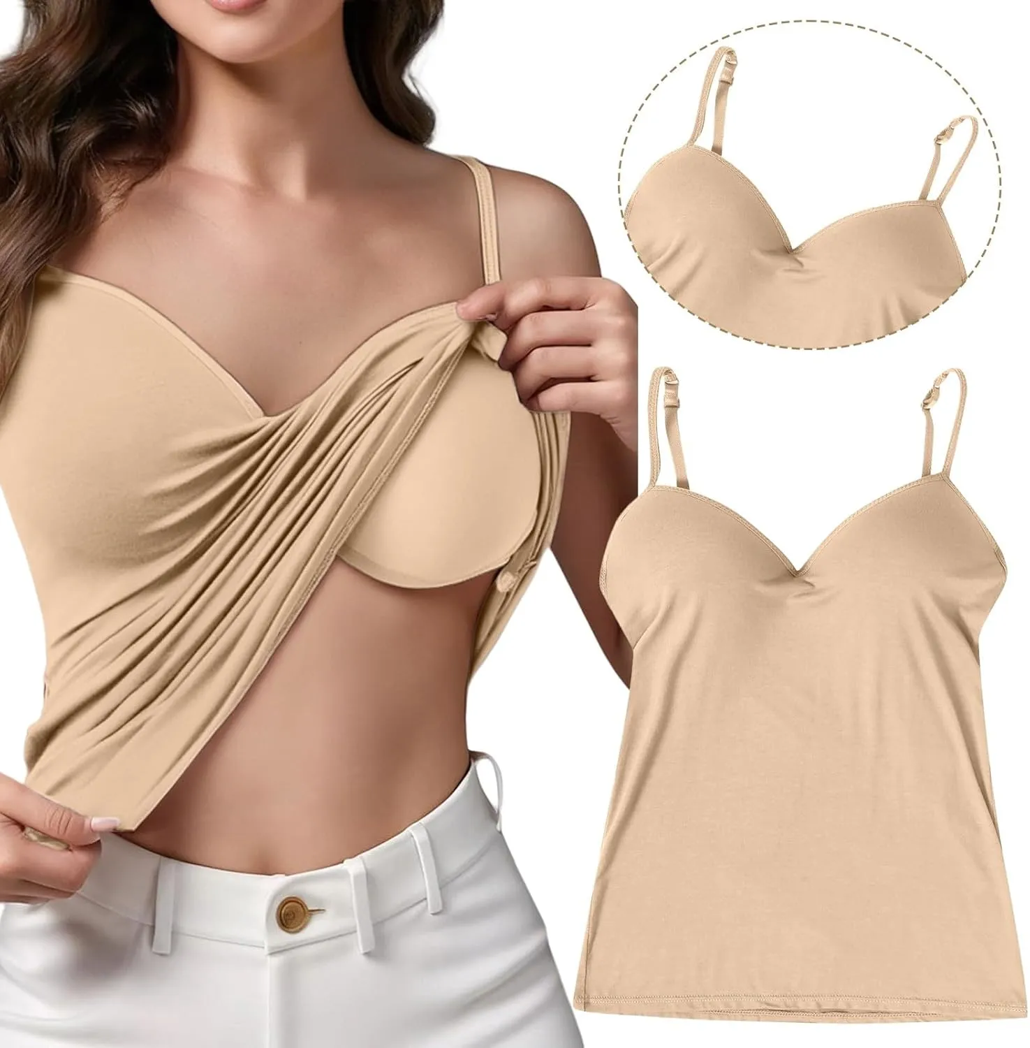 Built In Bra Camisoles for Women Spaghetti Strap V Neck Tank Tops Summer Workout Sexy Padded Basic Sleeveless Shirts