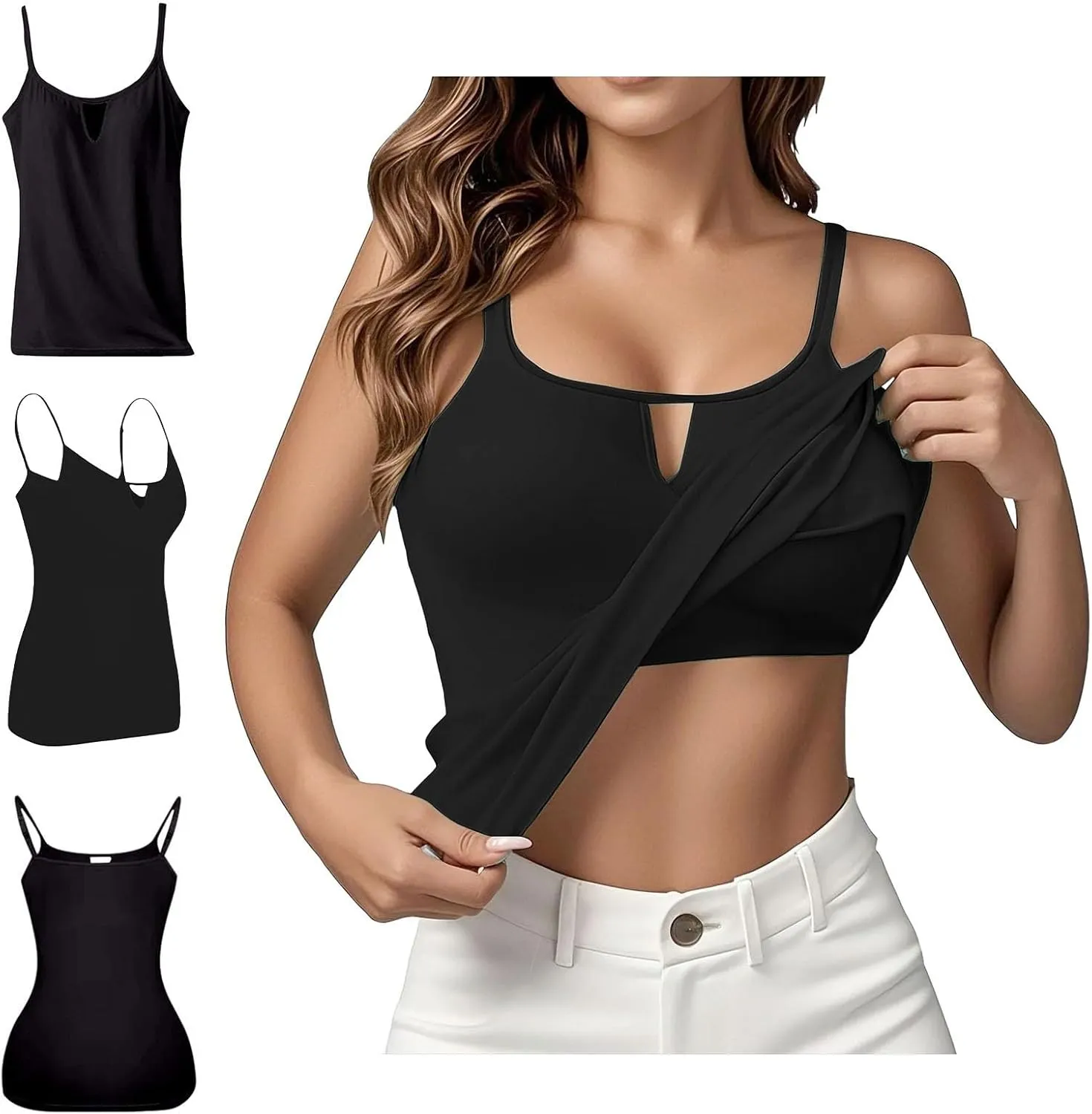 Built in Bra Tank Tops for Women Summer Plus Size Sleeveless Spaghetti Strap Camisole Padded Workout Yoga Cami Tops