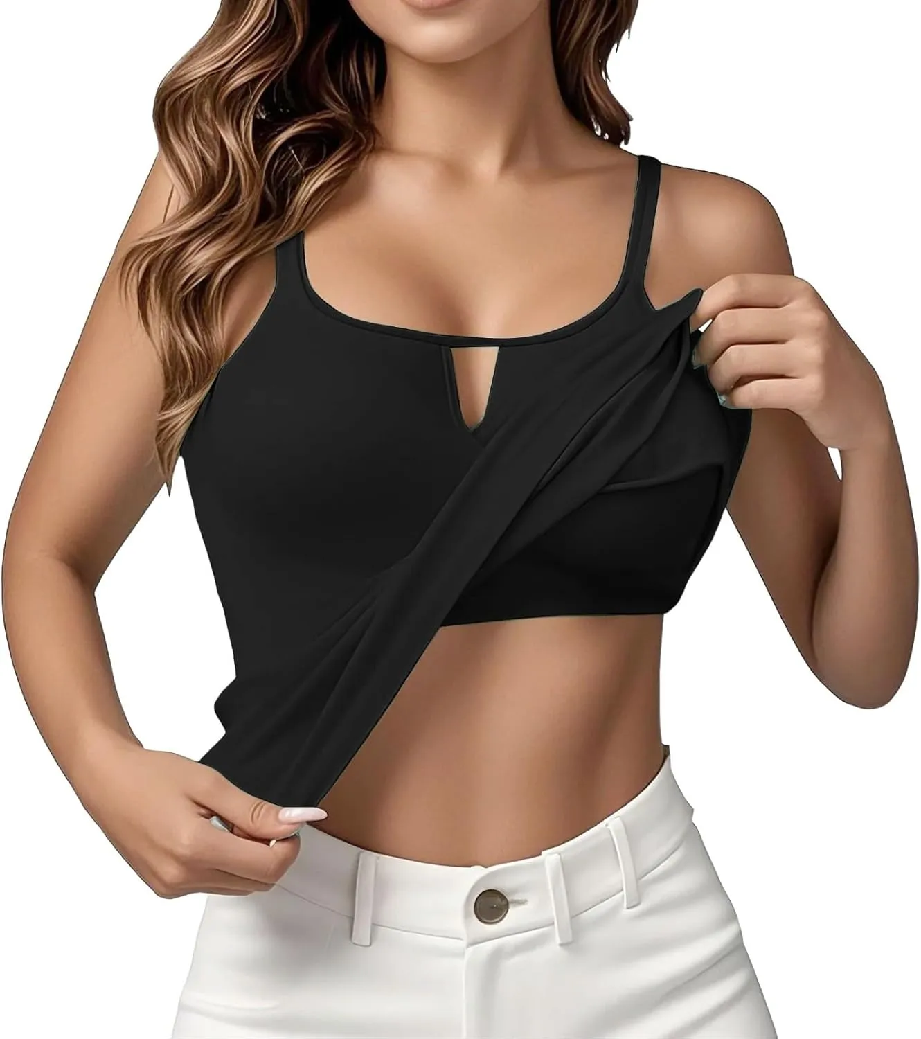 Built in Bra Tank Tops for Women Summer Plus Size Sleeveless Spaghetti Strap Camisole Padded Workout Yoga Cami Tops