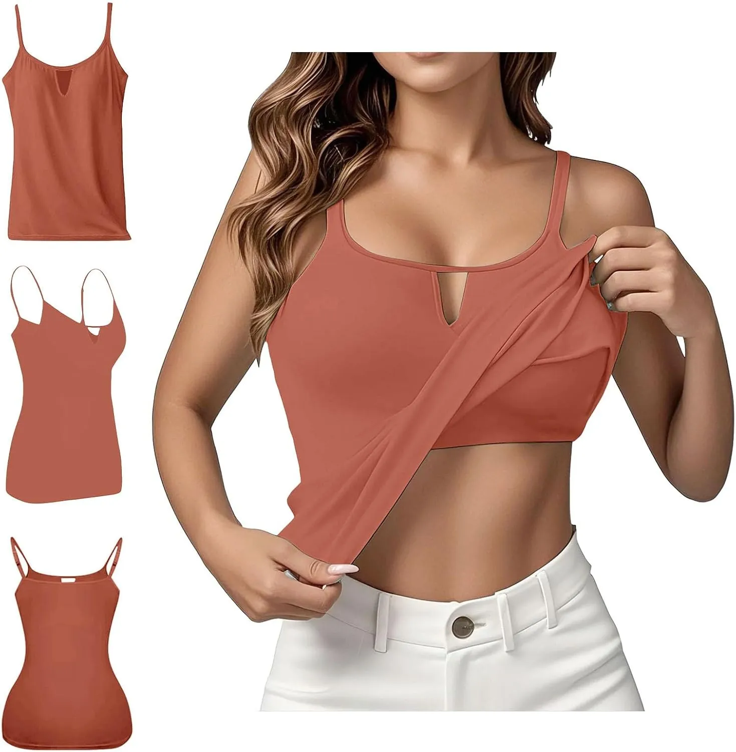 Built in Bra Tank Tops for Women Summer Plus Size Sleeveless Spaghetti Strap Camisole Padded Workout Yoga Cami Tops