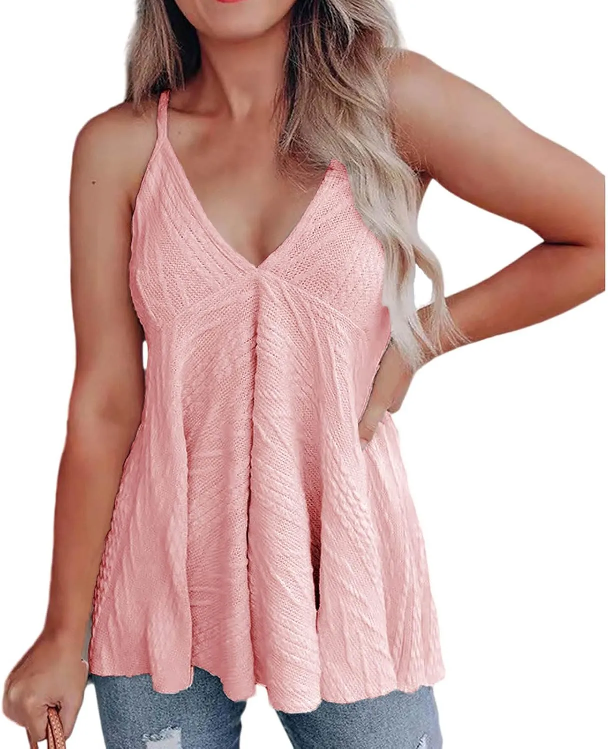 BZGTZT Womens Tank Tops V Neck Basic Solid Color Tunic Casual Flowy Summer Sleeveless Camisole Spaghetti Strap Peplum Tops