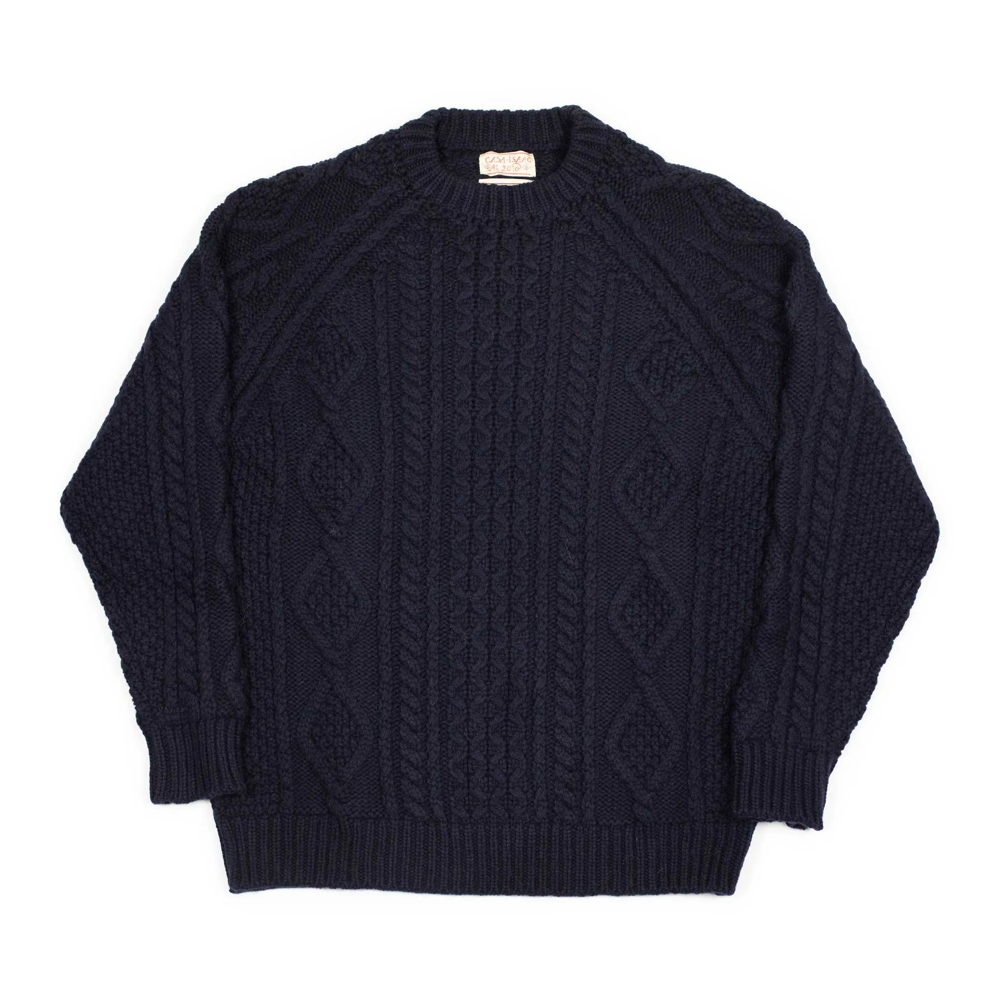Cabled raglan sleeve crewneck in navy wool and cashmere