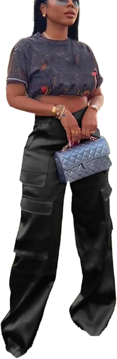 CALEBGAR Womens Cargo Pants Casual High Wasited Wide Leg Parachute Pants with Pockets