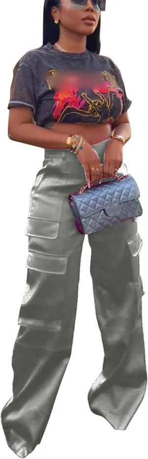 CALEBGAR Womens Cargo Pants Casual High Wasited Wide Leg Parachute Pants with Pockets