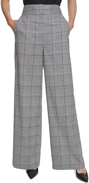Calvin Klein Womens Plaid High Rise Wide Leg Pants B/W 6
