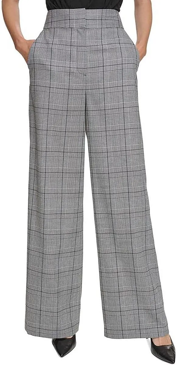 Calvin Klein Womens Plaid High Rise Wide Leg Pants B/W 6
