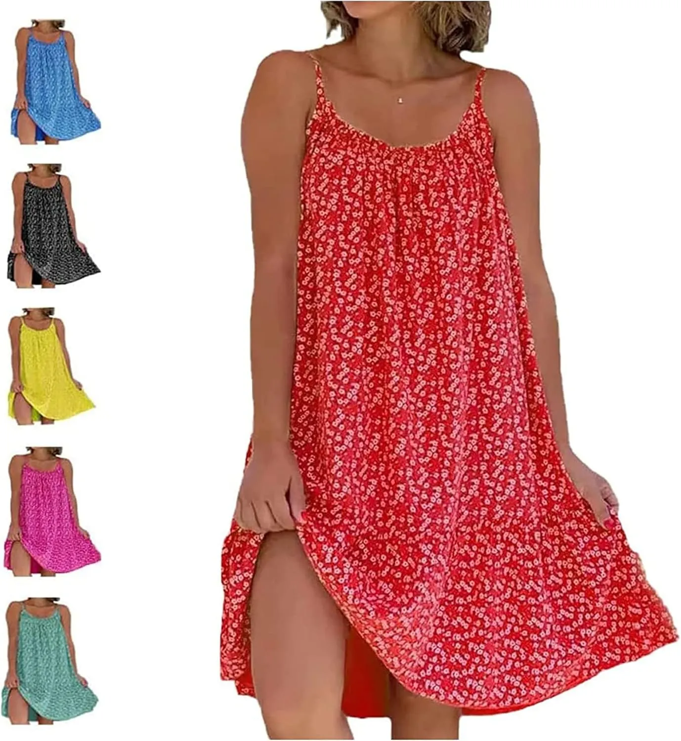 CamiBloom - Floral Printed Camisole Dress, Women's Summer Loose Fit Sleeveless Ruffle Flowy Beach Mini Dress