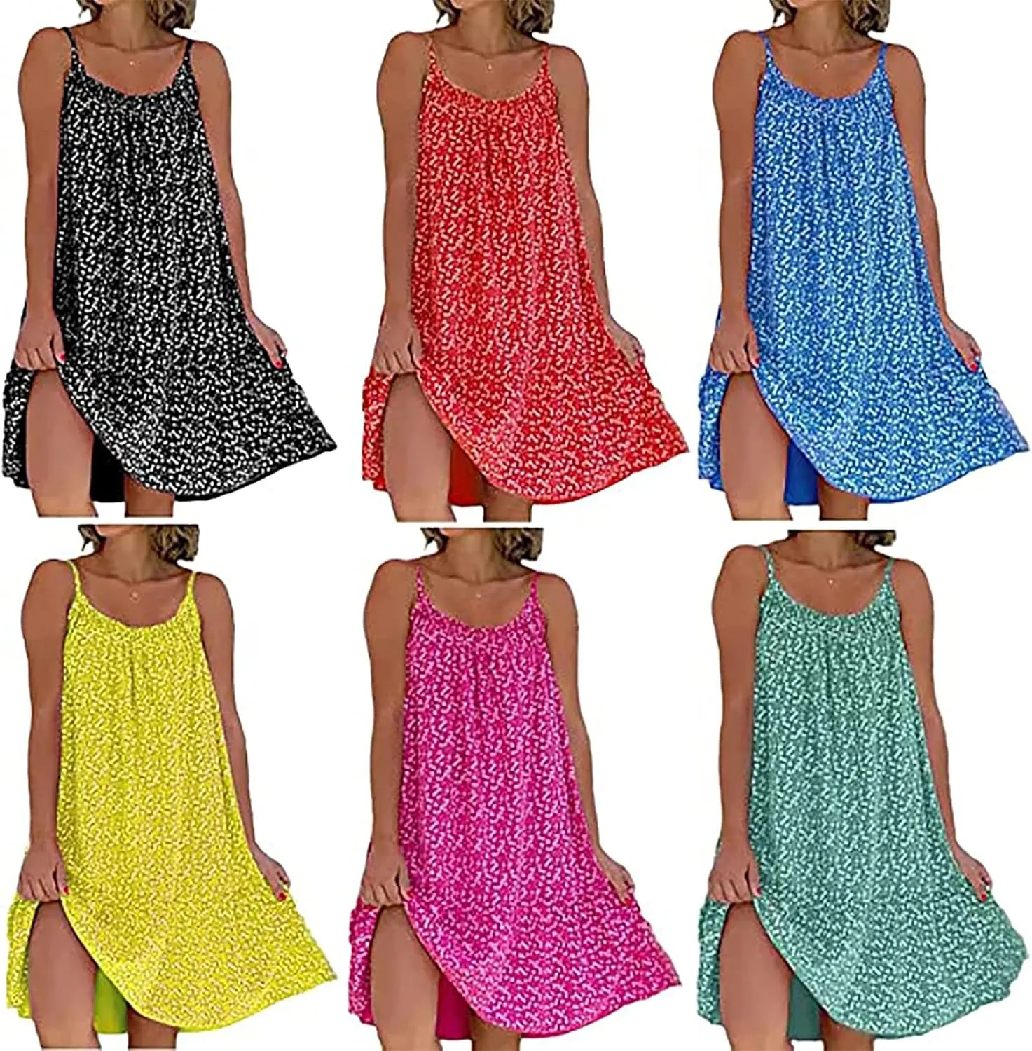 CamiBloom - Floral Printed Camisole Dress, Women's Summer Loose Fit Sleeveless Ruffle Flowy Beach Mini Dress