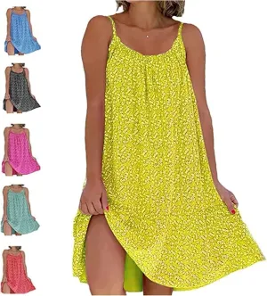 CamiBloom - Floral Printed Camisole Dress, Women's Summer Loose Fit Sleeveless Ruffle Flowy Beach Mini Dress