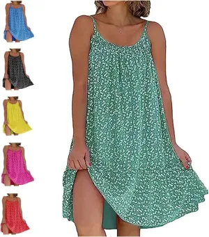 CamiBloom - Floral Printed Camisole Dress, Women's Summer Loose Fit Sleeveless Ruffle Flowy Beach Mini Dress