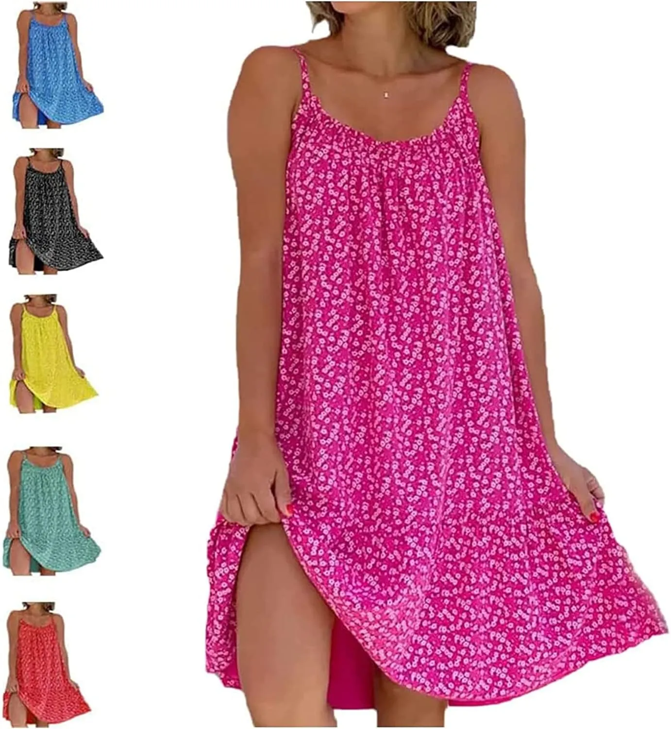 CamiBloom - Floral Printed Camisole Dress, Women's Summer Loose Fit Sleeveless Ruffle Flowy Beach Mini Dress