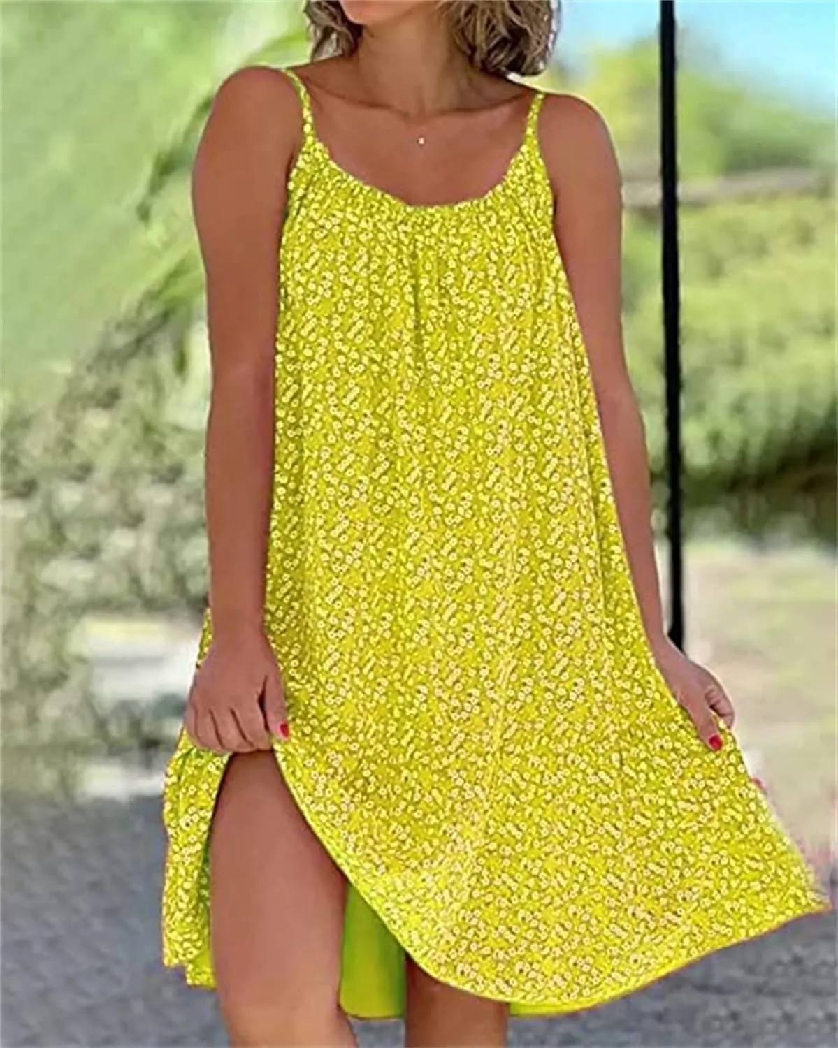 CamiBloom - Floral Printed Camisole Dress, Women's Summer Loose Fit Sleeveless Ruffle Flowy Beach Mini Dress