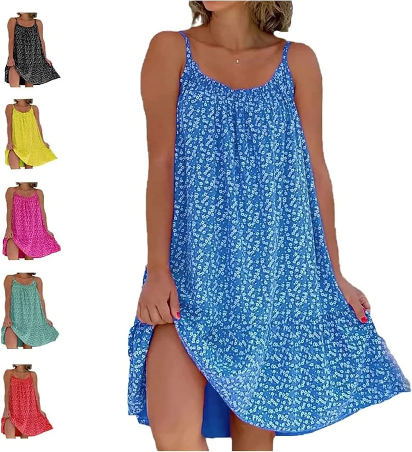CamiBloom - Floral Printed Camisole Dress, Women's Summer Loose Fit Sleeveless Ruffle Flowy Beach Mini Dress