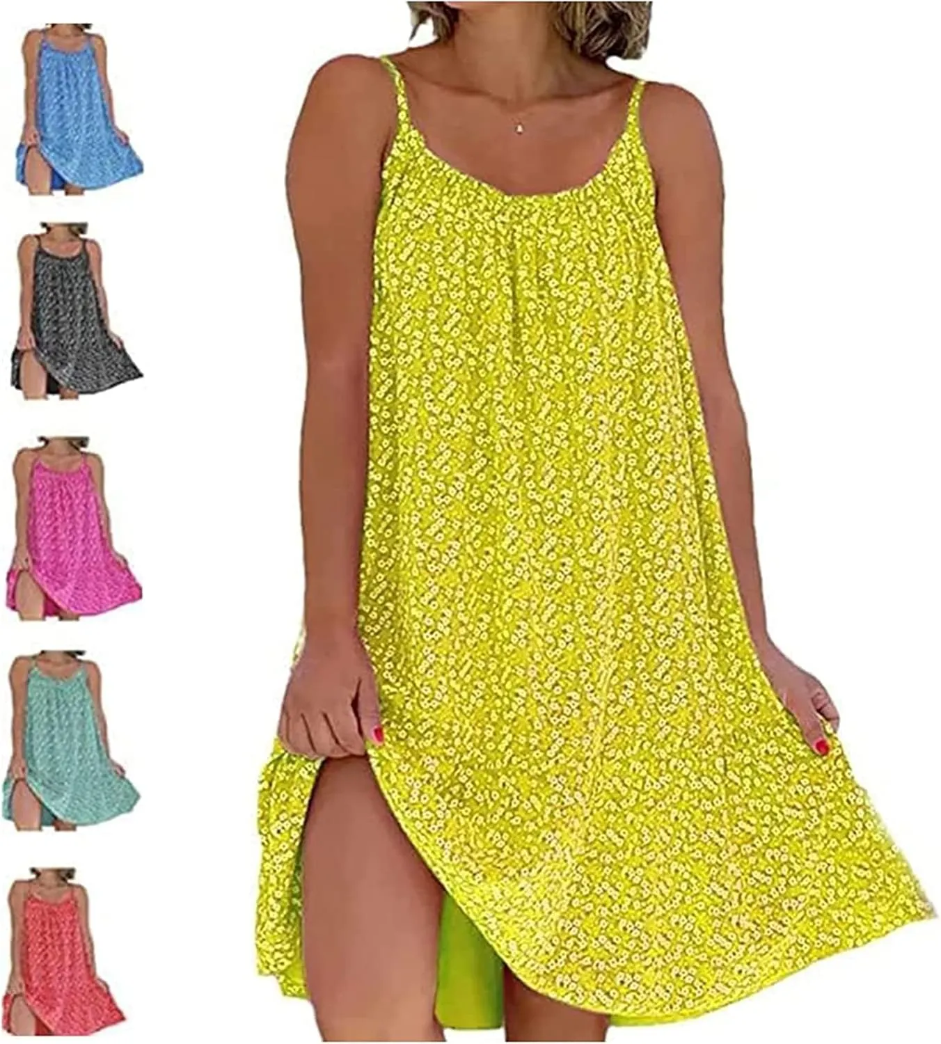 CamiBloom - Floral Printed Camisole Dress, Women's Summer Loose Fit Sleeveless Ruffle Flowy Beach Mini Dress