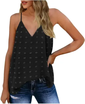 Camisole Tops for Women Adjustable Spaghetti Strap Tank Tops Sleeveless Pom Pom Shirt Casual Flowy Swiss Dot Blouse