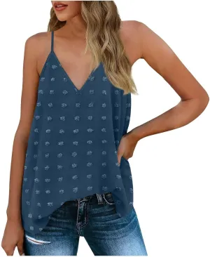 Camisole Tops for Women Adjustable Spaghetti Strap Tank Tops Sleeveless Pom Pom Shirt Casual Flowy Swiss Dot Blouse
