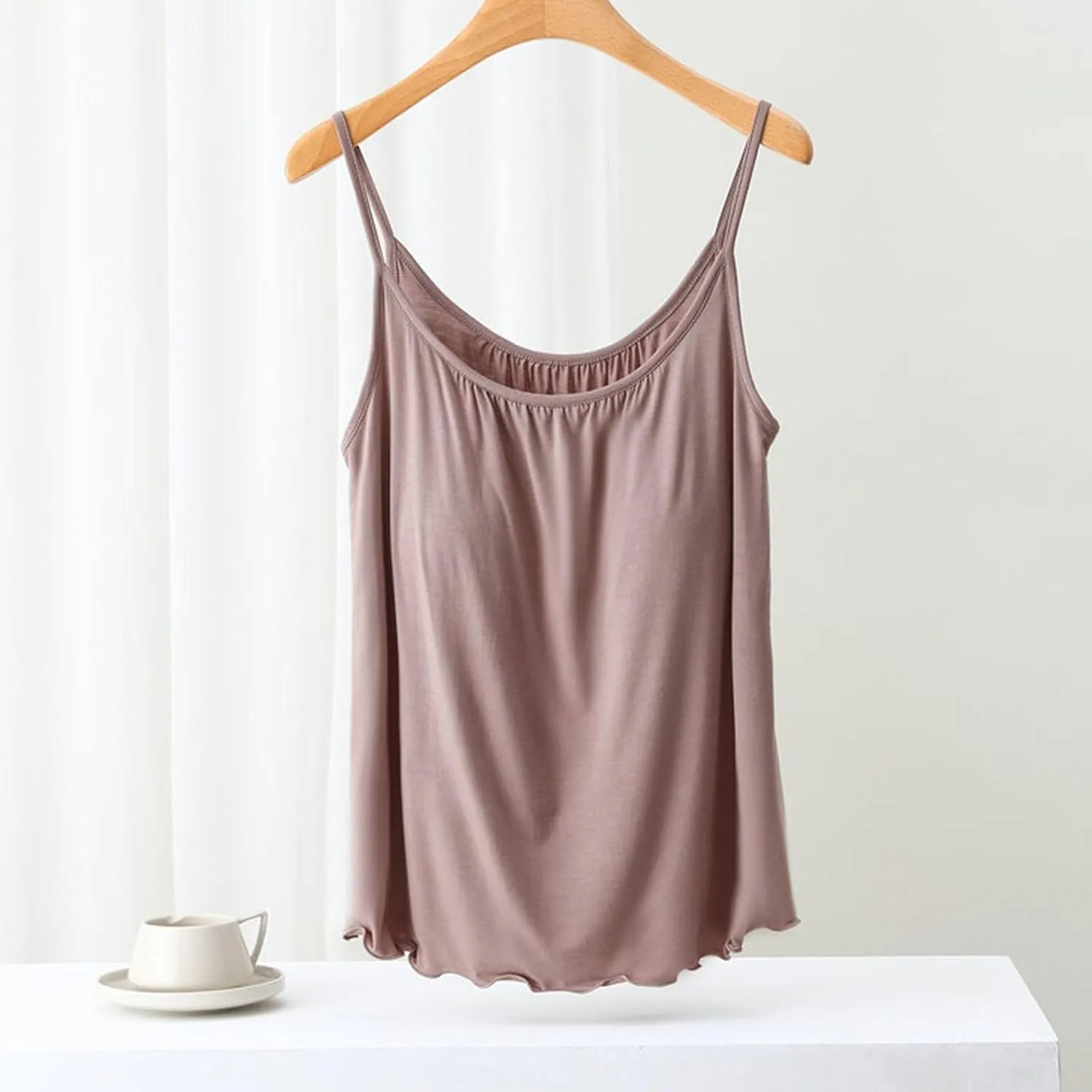 Camisole with Built-in Bra for Women Spaghetti Strap Crew Neck Tank Tops Supportive Padded Yoga Cami Undershirt