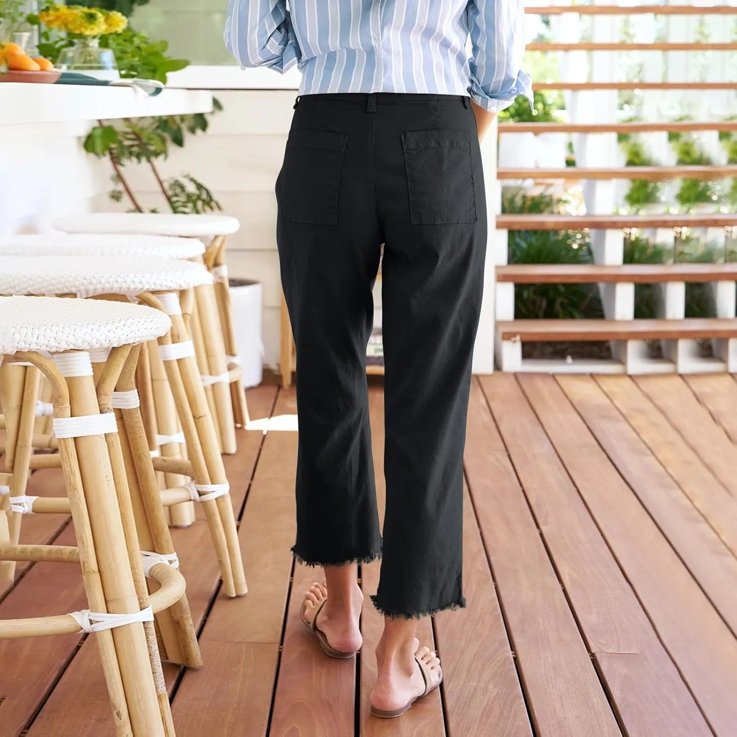 Cargo Pants Women Button Loose Summer Capri Pants for Women Stretch Petite Short Womens Capris Linen Cotton