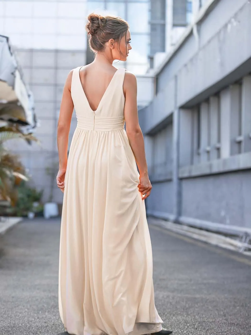CASDRE Women's V Neck Sleeveless Maxi Dress Long Split Prom Gowns High Waist A-line Evening Party Dresses