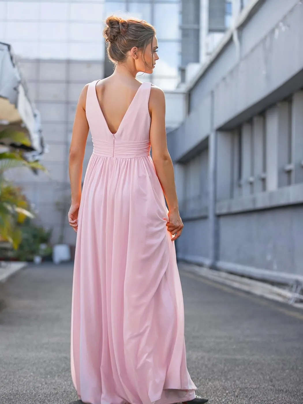 CASDRE Women's V Neck Sleeveless Maxi Dress Long Split Prom Gowns High Waist A-line Evening Party Dresses