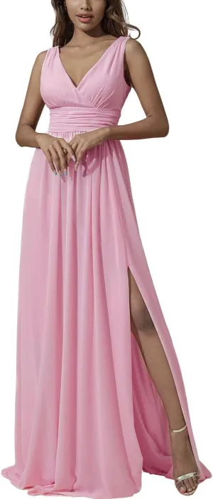 CASDRE Women's V Neck Sleeveless Maxi Dress Long Split Prom Gowns High Waist A-line Evening Party Dresses