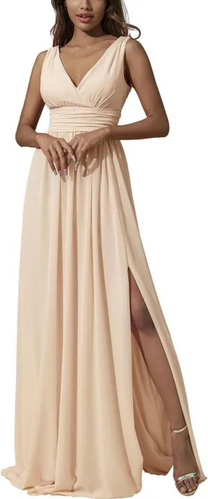 CASDRE Women's V Neck Sleeveless Maxi Dress Long Split Prom Gowns High Waist A-line Evening Party Dresses