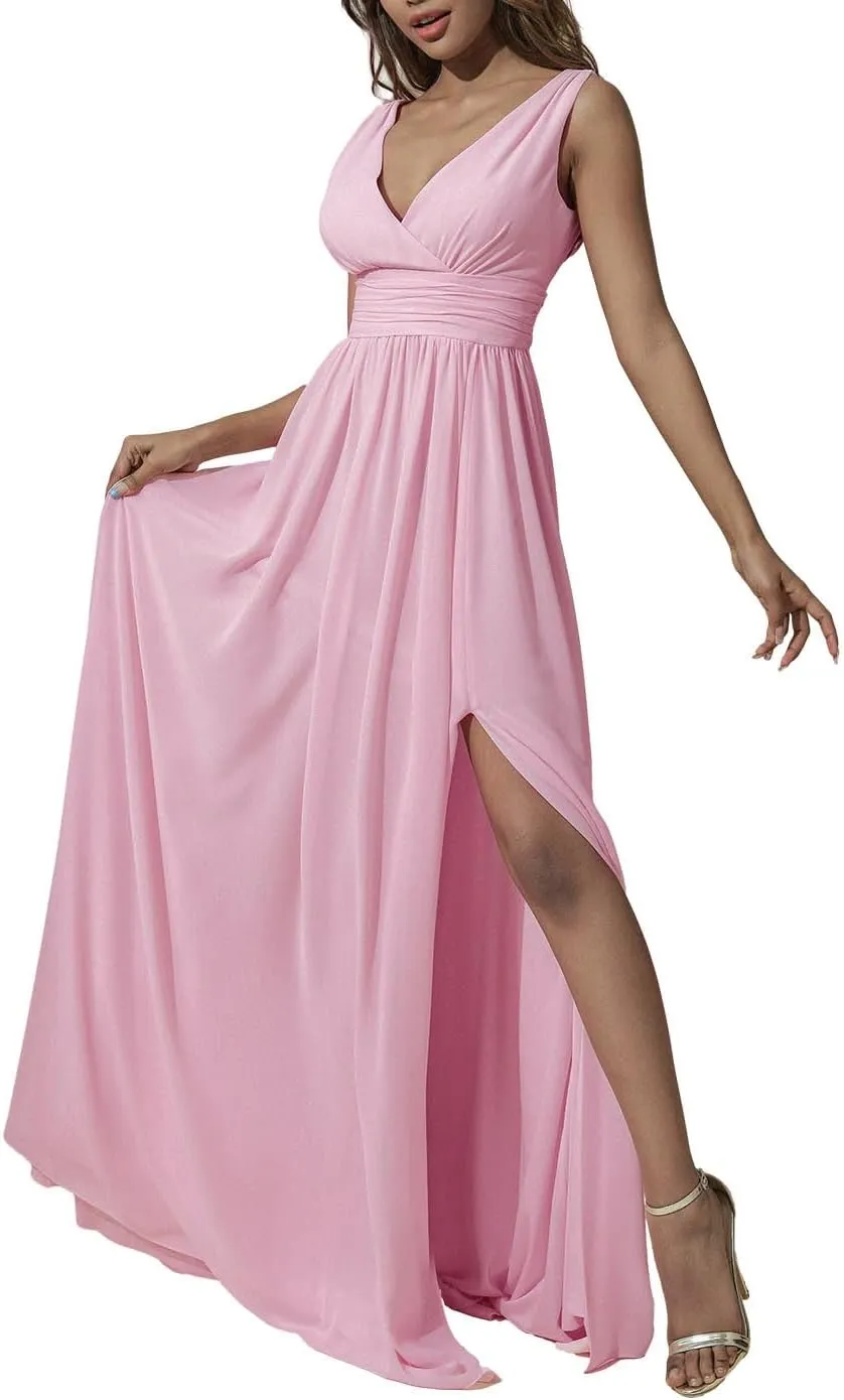 CASDRE Women's V Neck Sleeveless Maxi Dress Long Split Prom Gowns High Waist A-line Evening Party Dresses