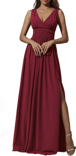 CASDRE Women's V Neck Sleeveless Maxi Dress Long Split Prom Gowns High Waist A-line Evening Party Dresses