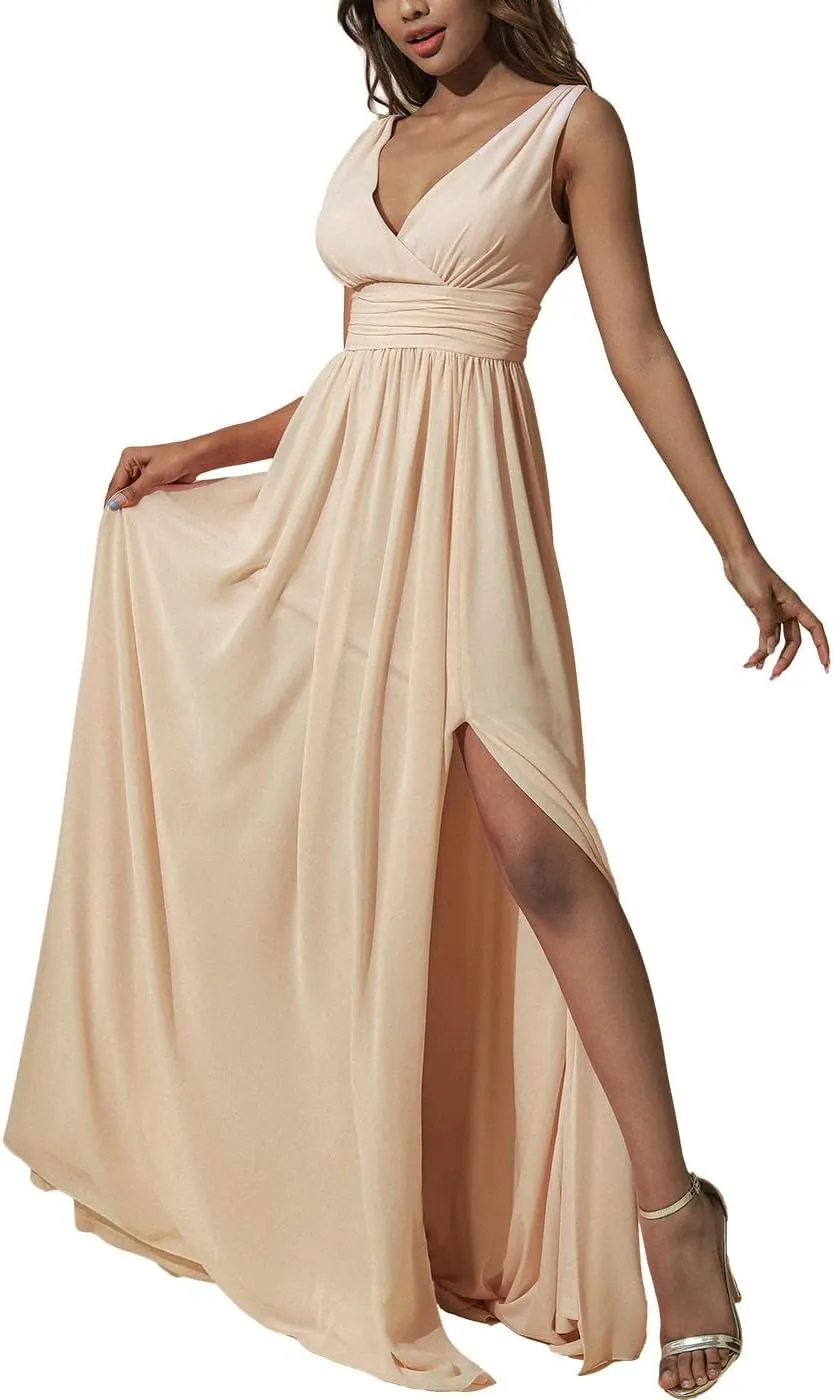 CASDRE Women's V Neck Sleeveless Maxi Dress Long Split Prom Gowns High Waist A-line Evening Party Dresses