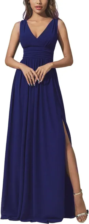 CASDRE Women's V Neck Sleeveless Maxi Dress Long Split Prom Gowns High Waist A-line Evening Party Dresses