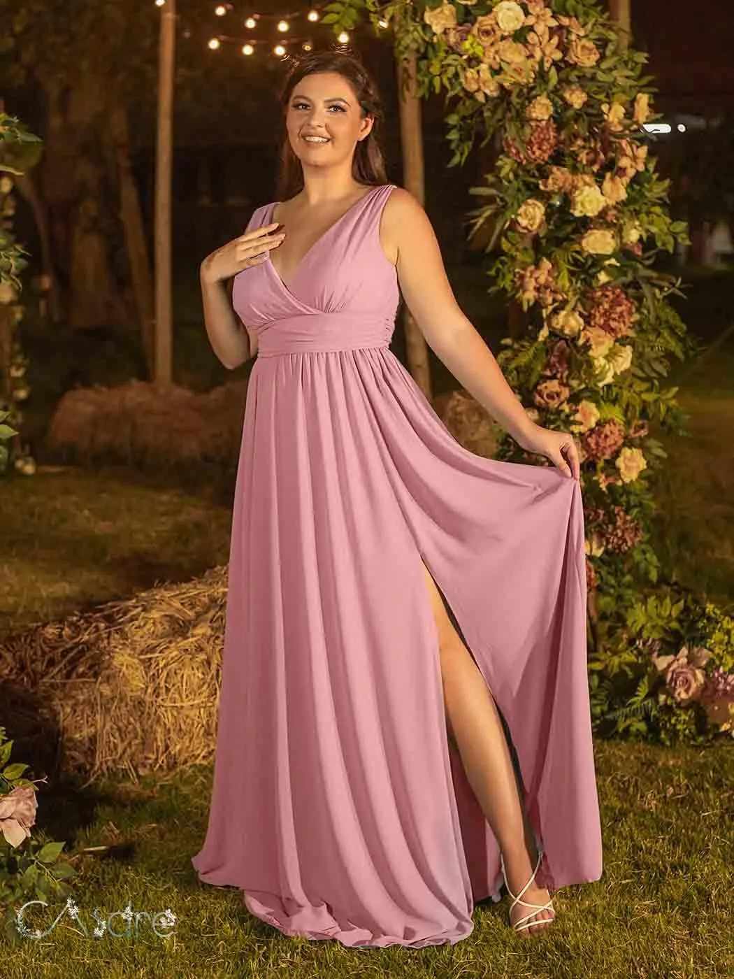 CASDRE Women's V Neck Sleeveless Maxi Dress Long Split Prom Gowns High Waist A-line Evening Party Dresses