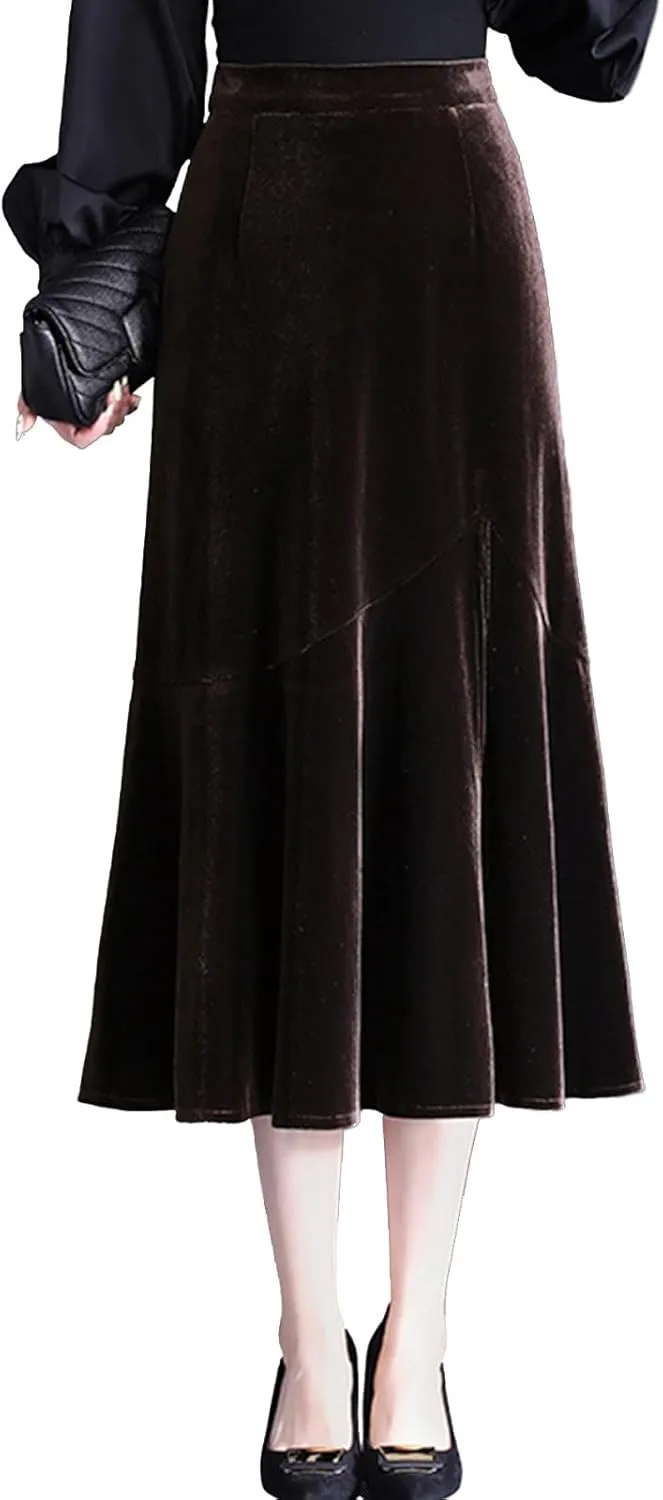 Casual High Waist Velvet Skirt for Women A-Line Elastic Waist Flare Pleated Side Split Midi Skirts