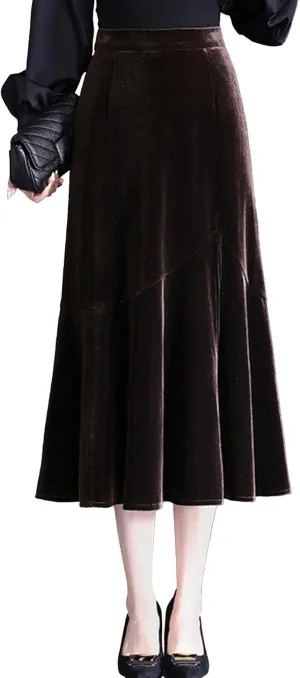 Casual High Waist Velvet Skirt for Women A-Line Elastic Waist Flare Pleated Side Split Midi Skirts