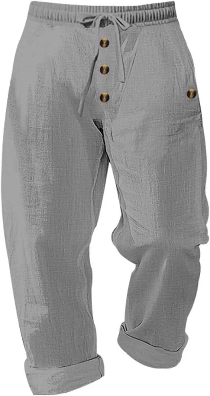 Casual Solid Color Linen Loose Drawstring Button-Straight Pants 2025