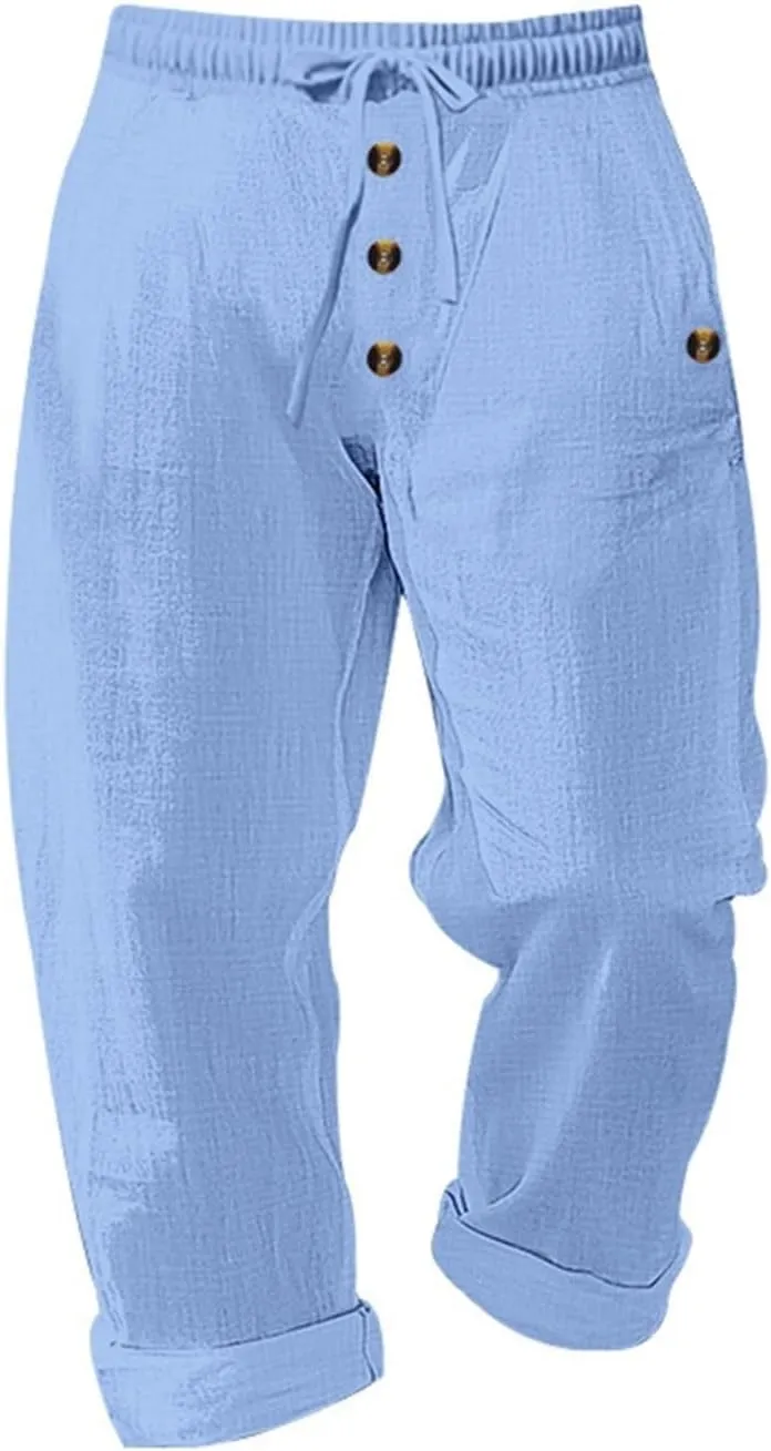 Casual Solid Color Linen Loose Drawstring Button-Straight Pants 2025