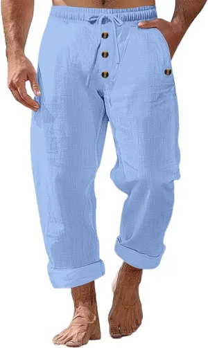 Casual Solid Color Linen Loose Drawstring Button-Straight Pants 2025