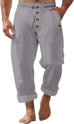 Casual Solid Color Linen Loose Drawstring Button-Straight Pants 2025