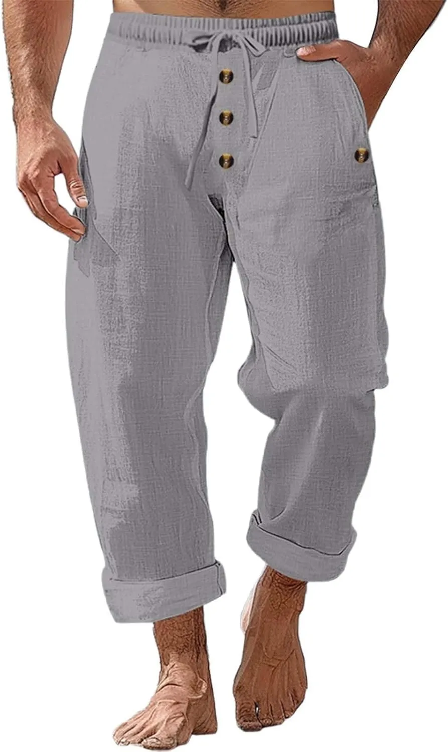 Casual Solid Color Linen Loose Drawstring Button-Straight Pants 2025