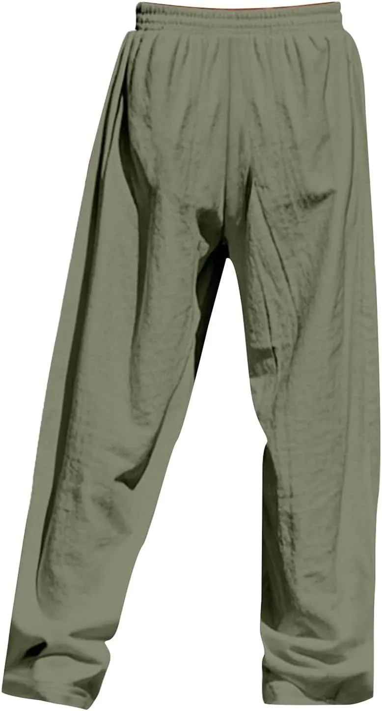 Casual Solid Color Linen Loose Drawstring Button-Straight Pants 2025
