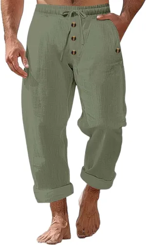 Casual Solid Color Linen Loose Drawstring Button-Straight Pants 2025