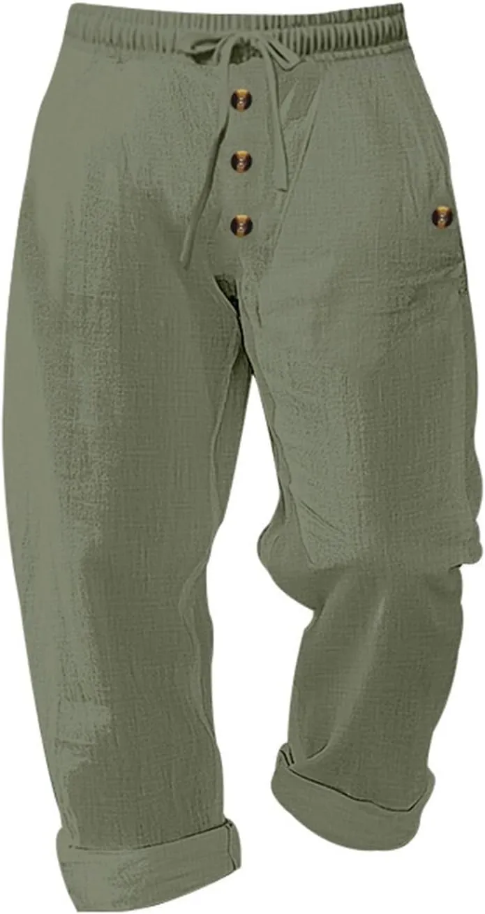 Casual Solid Color Linen Loose Drawstring Button-Straight Pants 2025