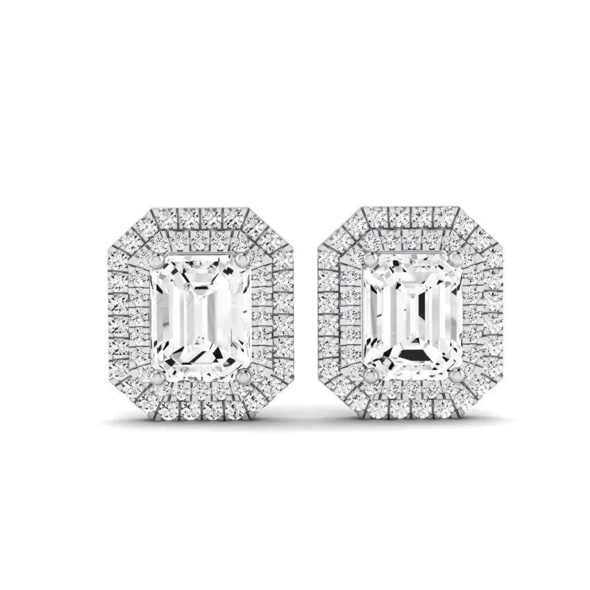 Cerise Emerald Cut Diamond Halo Stud Earrings