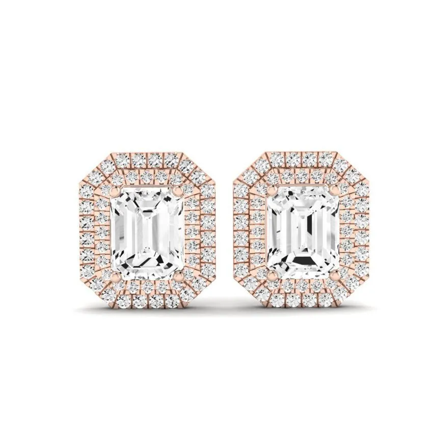 Cerise Emerald Cut Diamond Halo Stud Earrings