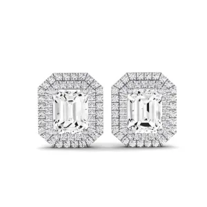 Cerise Emerald Cut Diamond Halo Stud Earrings