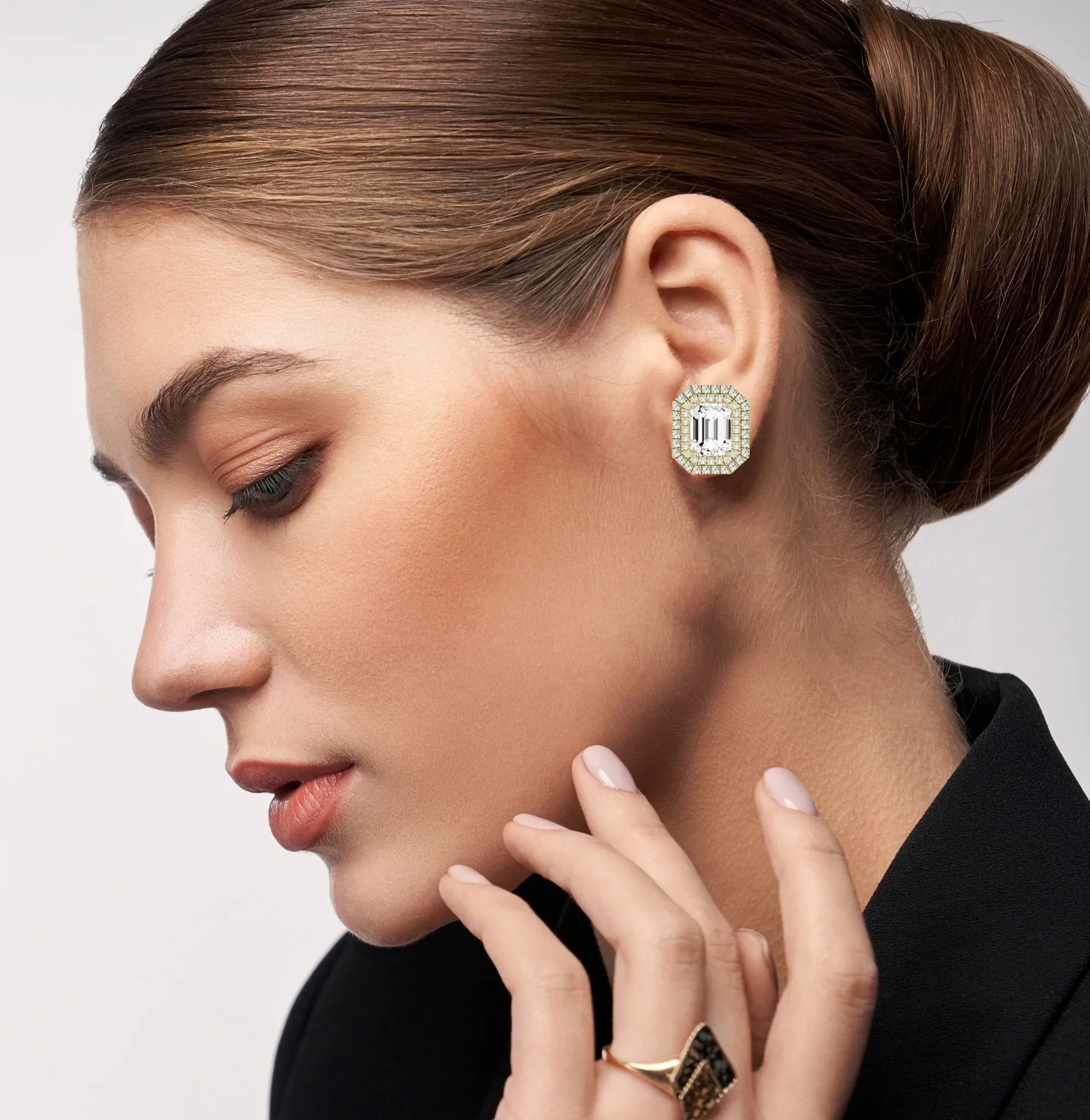 Cerise Emerald Cut Diamond Halo Stud Earrings